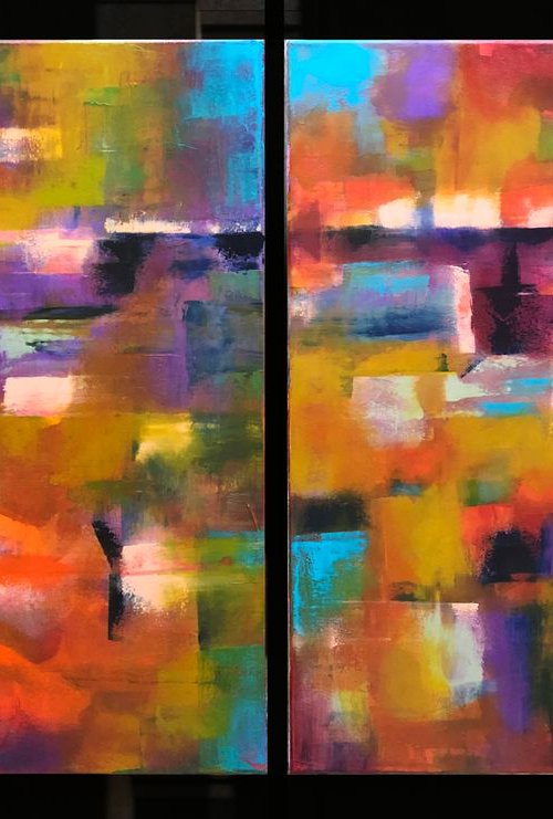 Playing to the Crowd - dyptich abstract by Faith Patterson