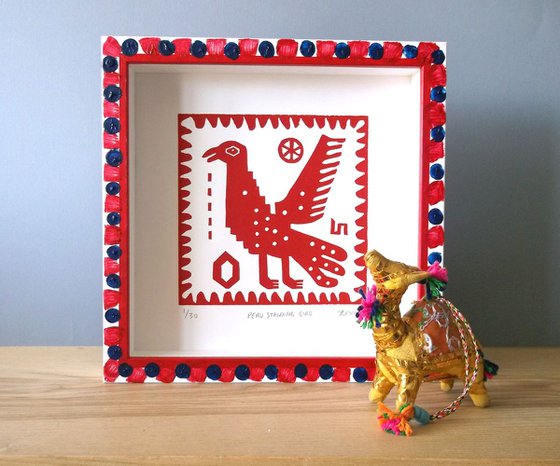 Peru Standing Bird Linocut Hand Pulled Original Relief Print Edition of 30