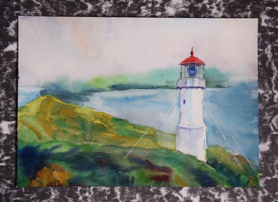 Watercolor painting Lighthouse on Faroe Islands