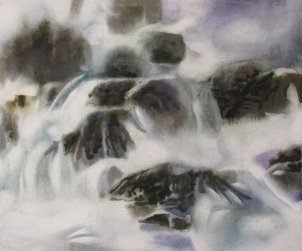 Impressionistic Landscape Watercolour By Alfred Ng, 13 X 11, Waterfalls, Original Artwork