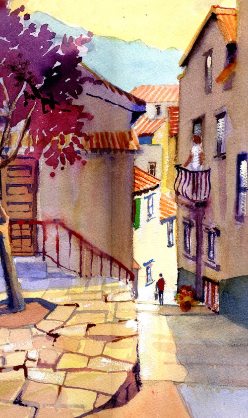 'Steep Climb', Pinhao on the Douro River, Portugal. Old Narrow Village lanes and Trees by Peter Day