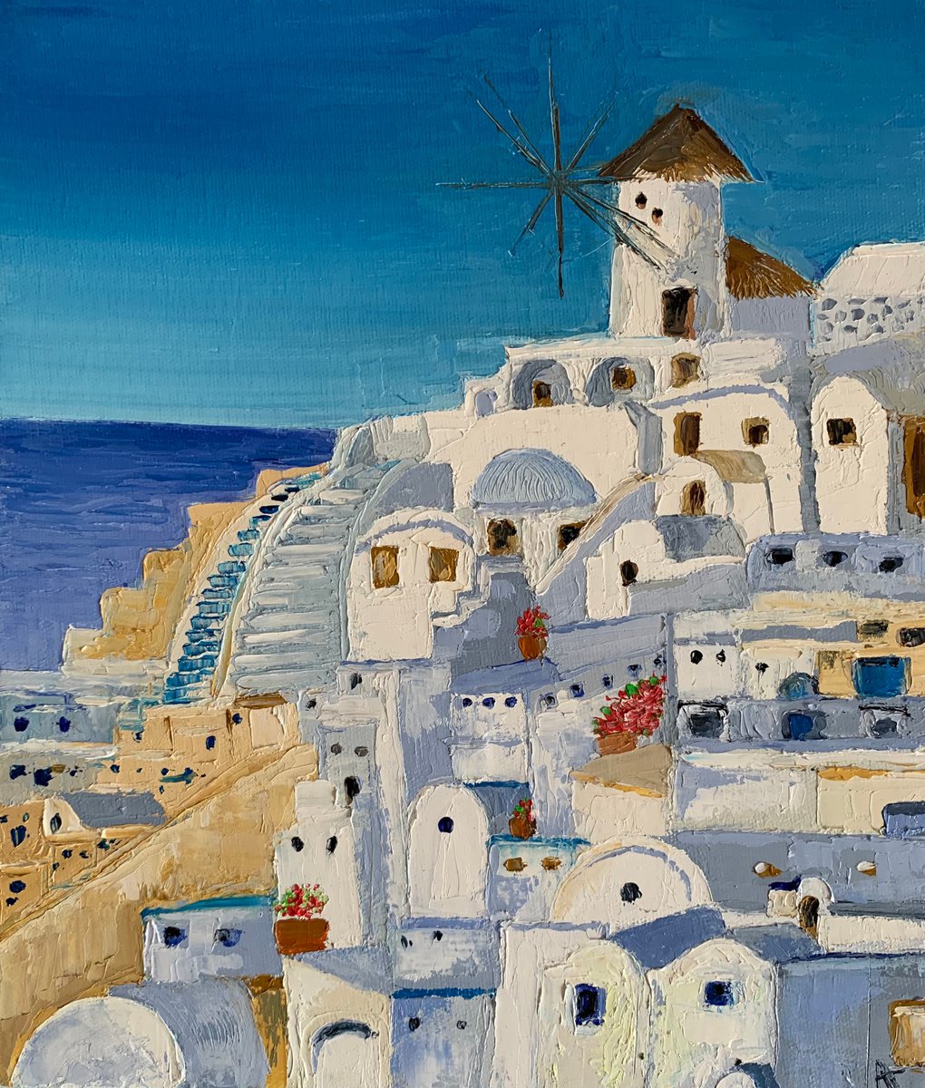 Impressionistic Cityscapes Oil Painting By Amita Dand, 10 X 12, Oia Santorini, Original Artwork