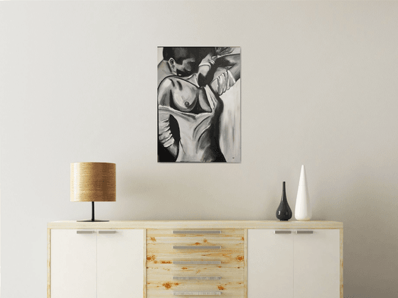 Meeting, original love couple painting, passion, nude erotic bedroom art, gift idea