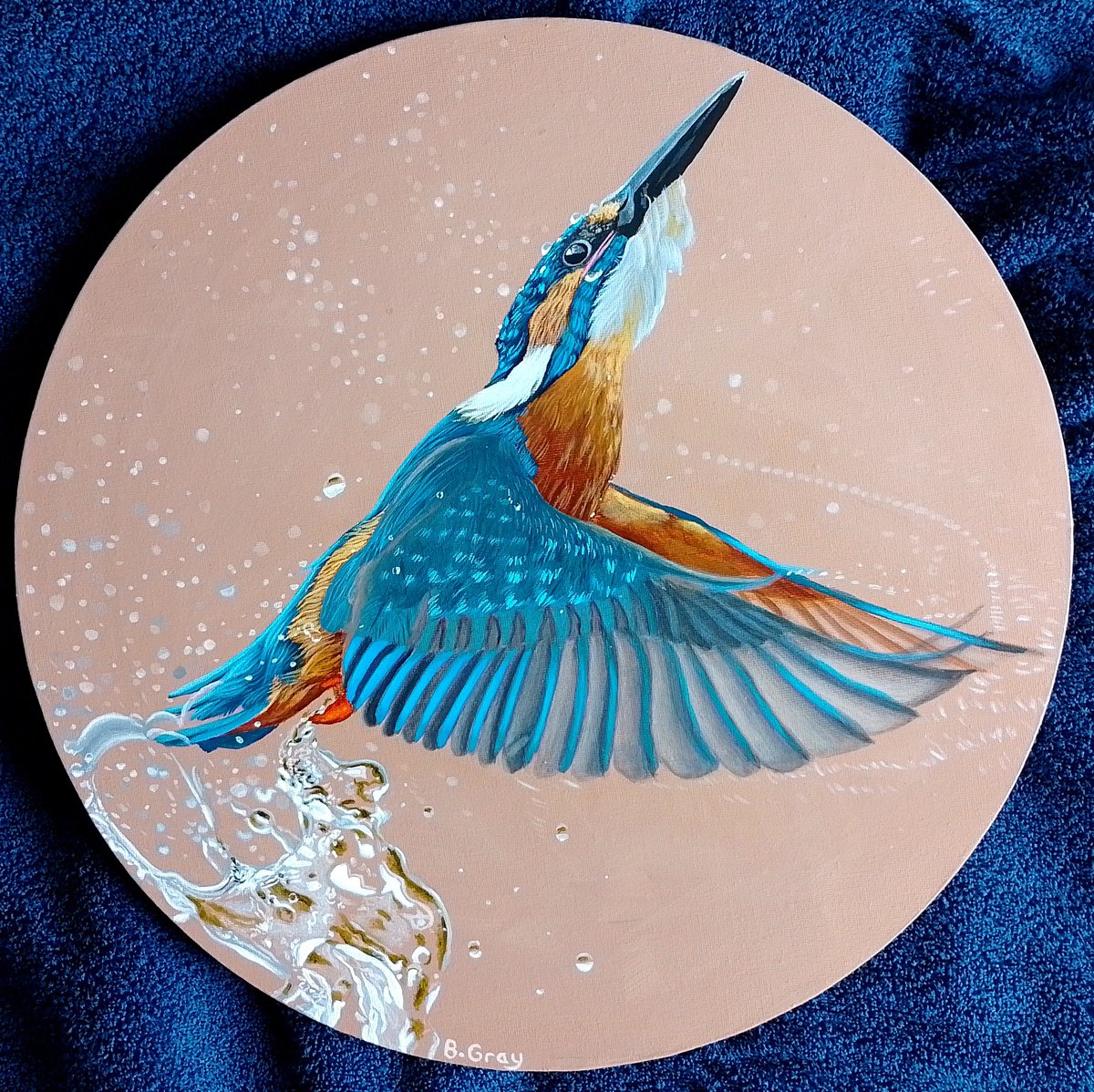 Kingfisher round painting by Barry Gray