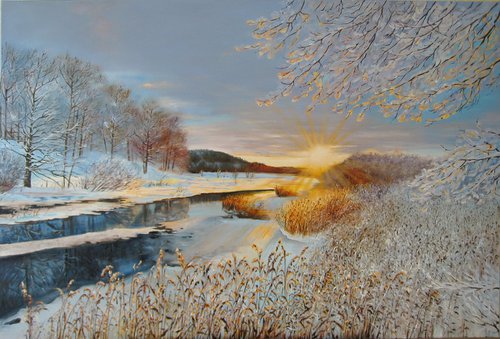 Serene Winter Landscape Art Original Oil Painting, Setting Sun Art Wall, Snow Scene Canvas Art, Calm Artwork for Farmhouse by Natalia Shaykina