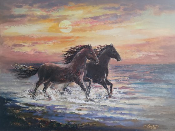 Horse couple (80x60cm, oil painting, ready to hang)