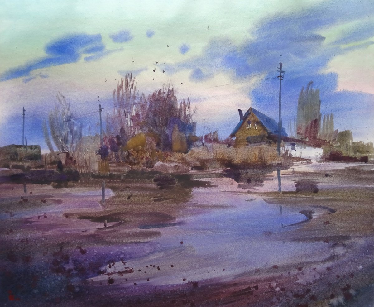 Impressionistic Landscape Watercolour By Maksym Kisilov, 23 X 19", "After The Rain", Original Artwork