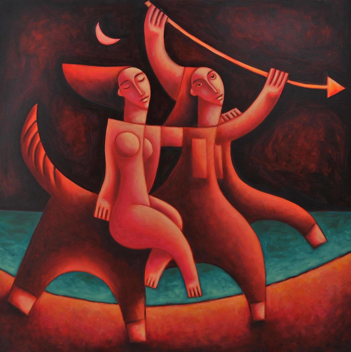 Surrealistic Portrait Oil Painting By Malasits Zsolt, 39 X 39", Centaur And Nymph, Original Artwork