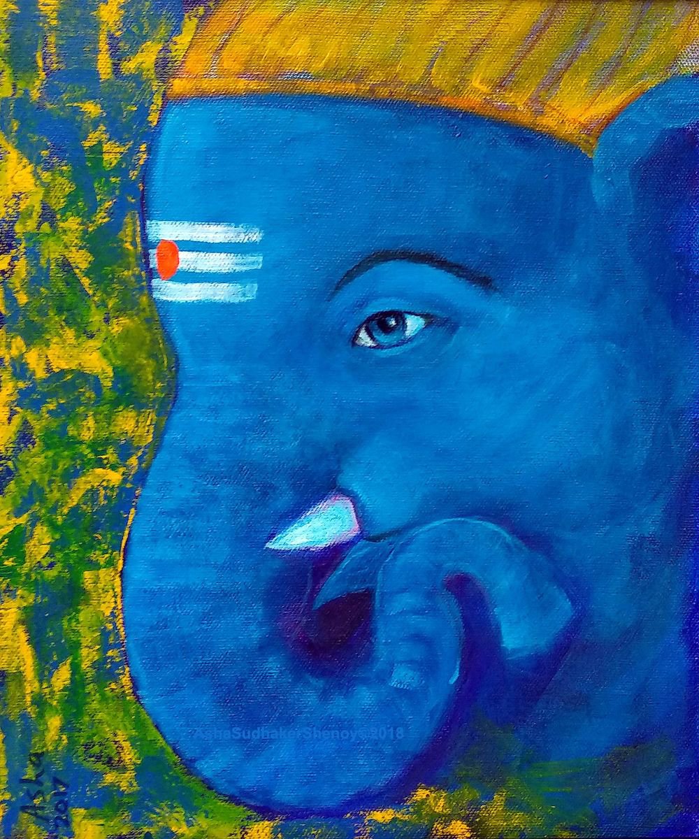 Naughty Baby Ganesha, Indian God, Acrylic Painting on canvas, Size 10x 12 by Asha Shenoy