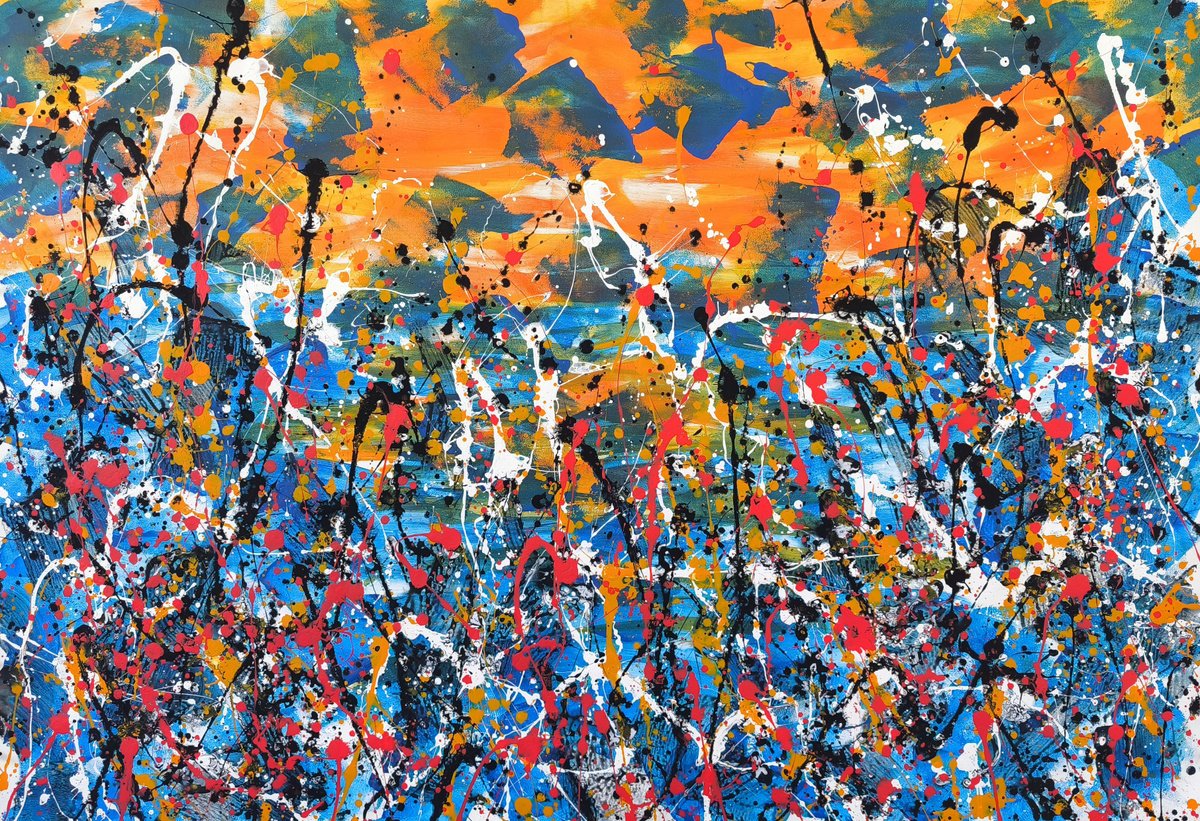 Abstract Acrylic Painting By Max Yaskin, 64 X 44", Flowers At Sunset By M.y., Original Artwork