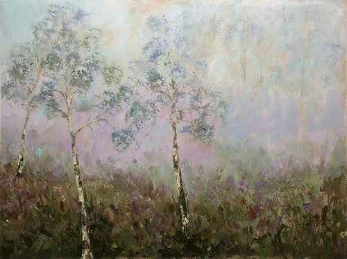Birche trees in misty landscape by Jacqualine Zonneveld