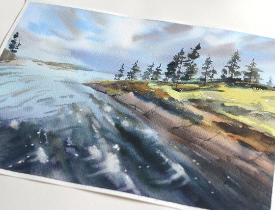 Forest river of Karelia, watercolor painting of water, pines and stones