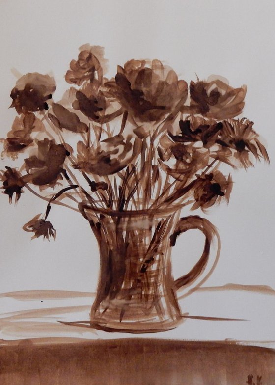 Coffee painting. Bouquet of flowers in a vase.