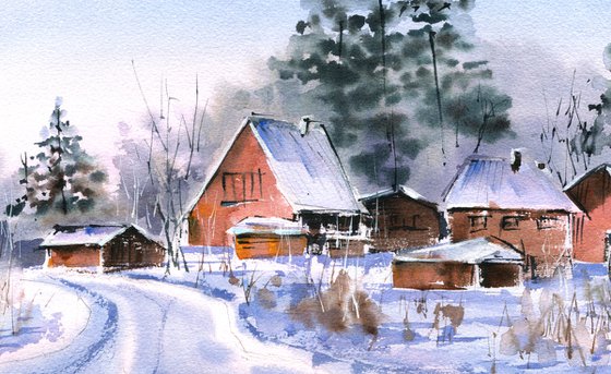 Winter in the country original watercolor painting with snow and sunset , medium format artwork on paper