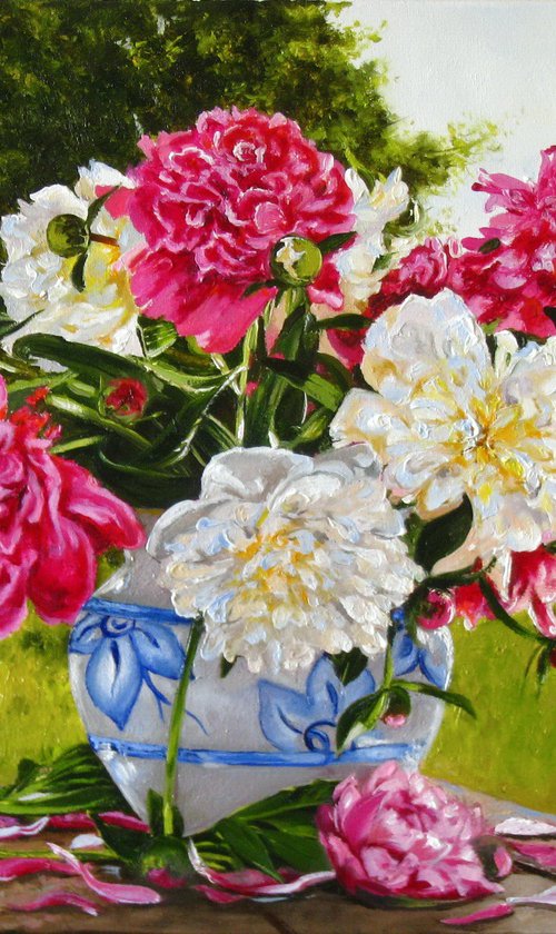 Pink White Peonies in a white-blue vase, Rustic Landscape Wall Art, Peaceful Scene by Natalia Shaykina