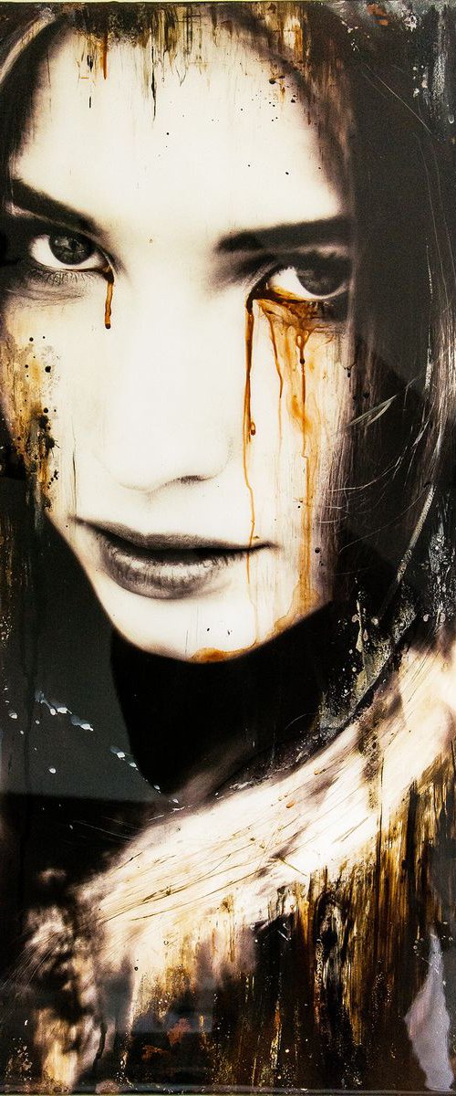 "Cry no more" (80x60x3cm) - Unique portrait artwork on wood (abstract, portrait, gouache, original, epoxy, painting, acrylic, oil, watercolor, wood) by Rouzbeh Tahmassian