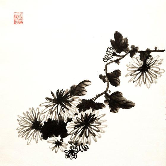 Ink chrysanthemum after old Chinese painter Shitao (1642-1707) - Oriental Chinese Ink Painting