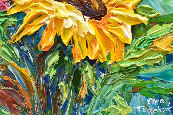 Sunflower Bouquet - Original Floral Painting on Canvas, Palette Knife Art, Textured Impasto Artwork