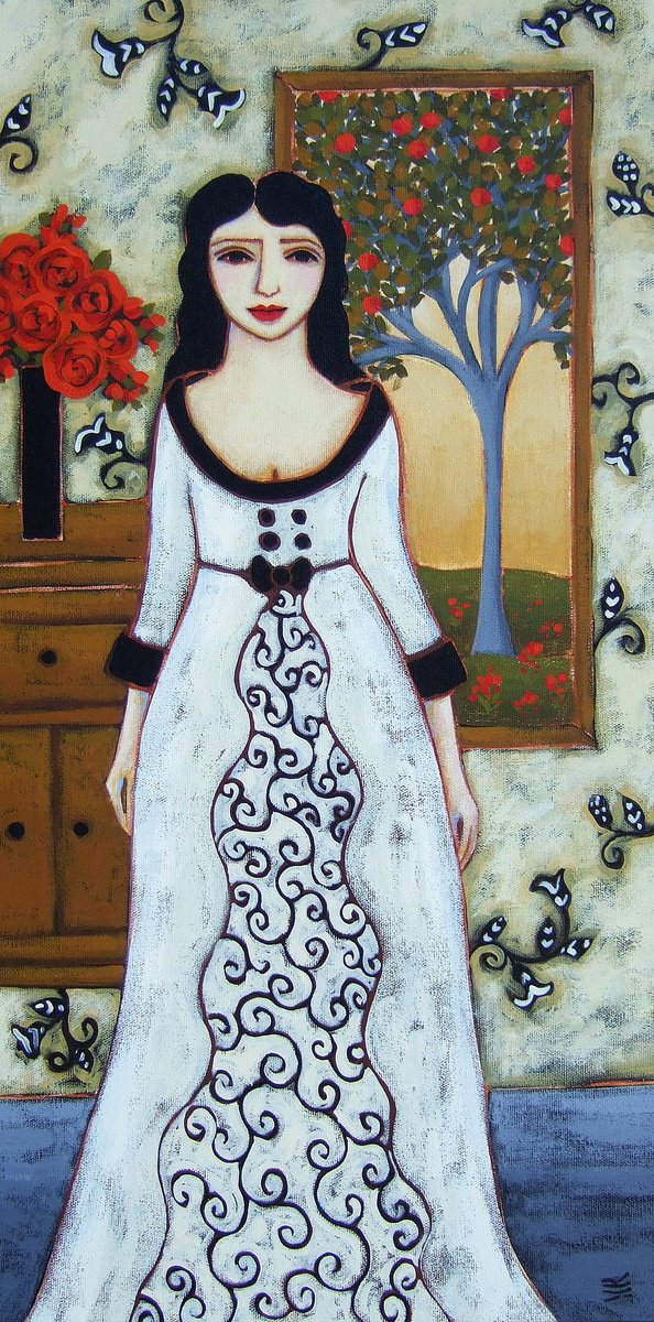 Impressionistic Portrait Acrylic Painting By Karen Rieger, 12 X 24", Woman With Ivory Gown, Original Artwork