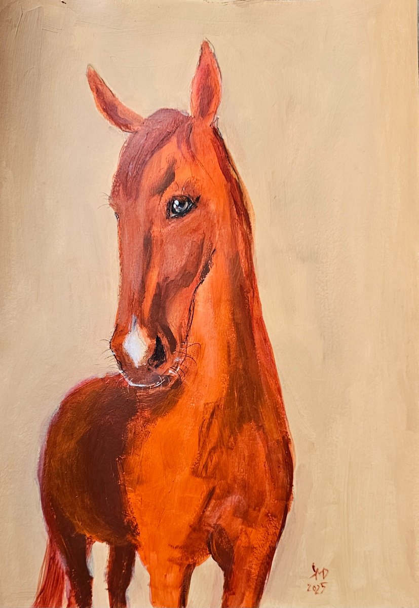 Expressive Animal Acrylic Painting By Ksenia June, 12 X 17", The Horse Of My Chestnut Heart, Original Artwork