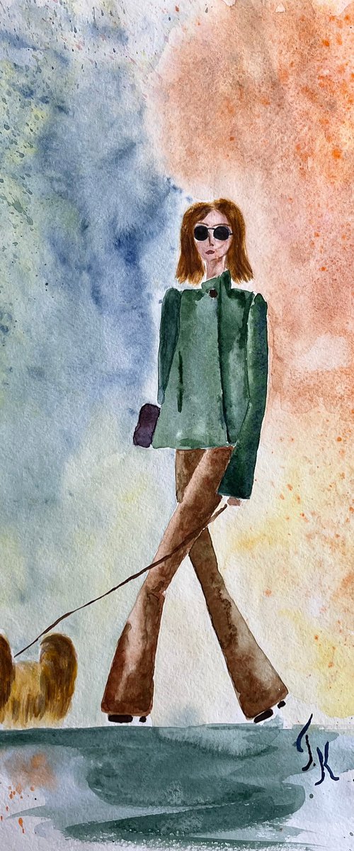 Lady with Dog Original Watercolor Painting by Halyna Kirichenko