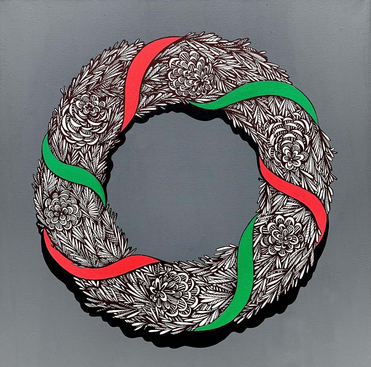 Botanical Acrylic Painting By Maria Tuzhilkina, 16 X 16", Christmas Wreath, Original Artwork