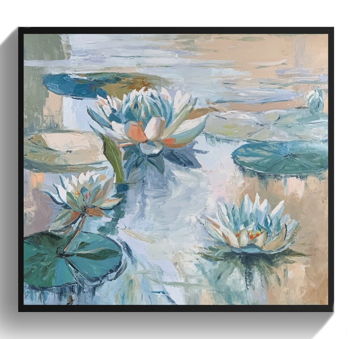 Expressive Landscape Oil Painting By Vita Schagen, 35 X 31", Pond With Water Lilies., Original Artwork