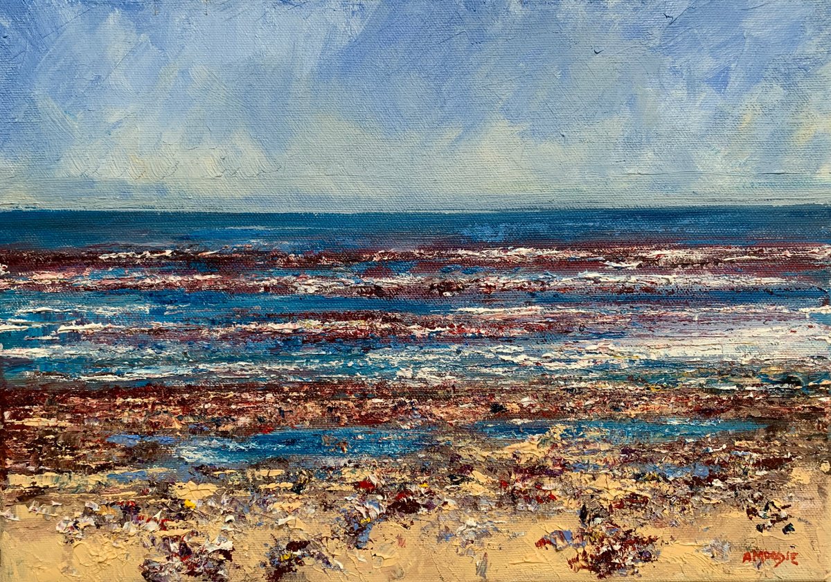 Impressionistic Landscape Oil Painting By Andrew Moodie, 14 X 10, Seaside Pebbles Saltburn, Original Artwork