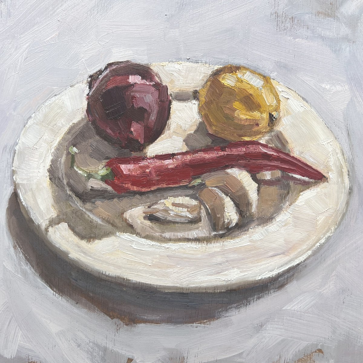 Lemon, chilli pepper, onion and garlic by Louise Gillard