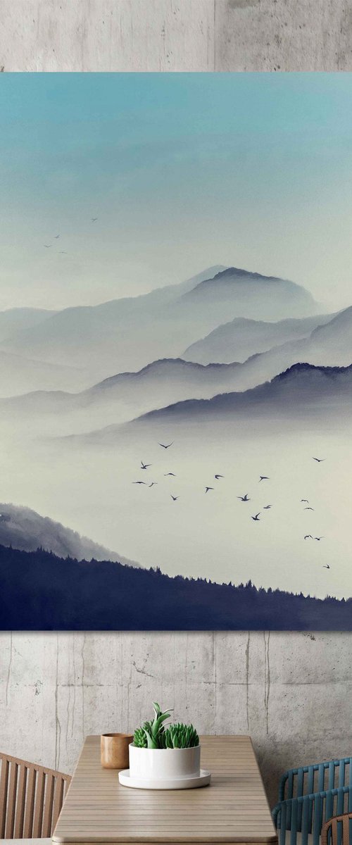 "Morning Haze" Blue landscape oil art by Mary Amur