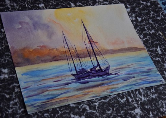 Watercolor painting Ship in Oslo port, Norway fjord