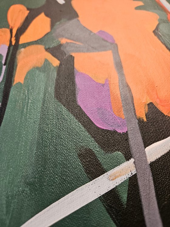 After the rain #3, orange pink black painting