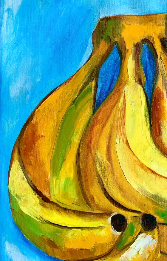 Bananas on  turquoise  Still life. Palette knife painting on linen canvas