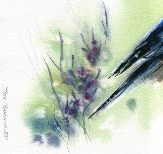 Bird in the thickets of lilac flowers, 37,5x27,5 cm watercolor, still life with bright bird, gift idea, medium
