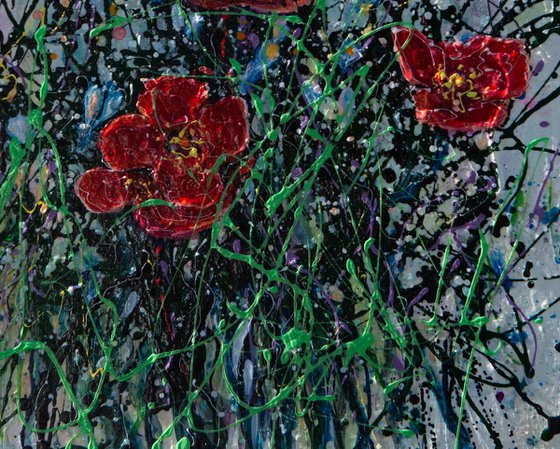 Scarlet Poppy Blooms, Abstract- Original Painting   by Olena Art