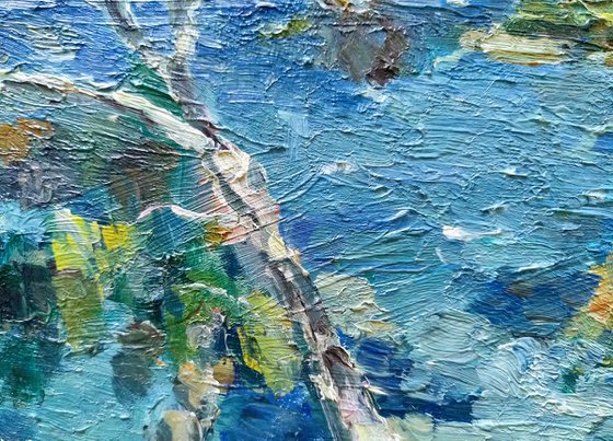 Beautiful blue sea. Oil paint sketch on cardboard.