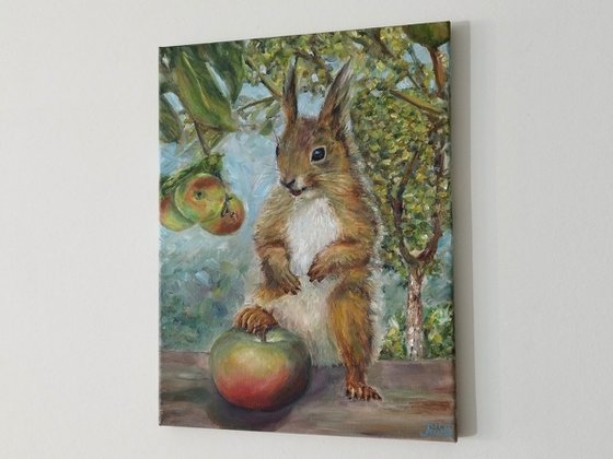 Squirrel With An Apple, oil on canvas