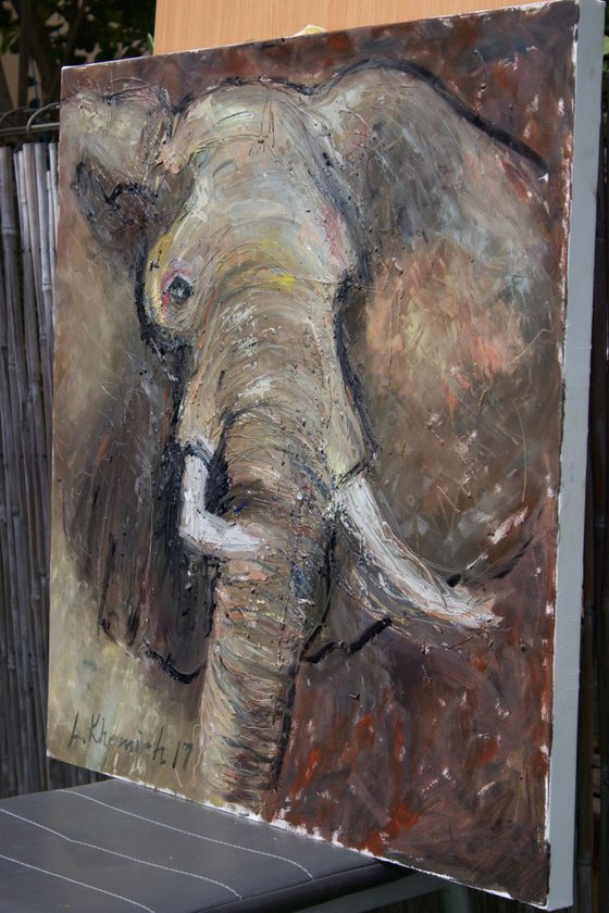 Animals oil painting Brown Elephant Artwork 28", Original oil on canvas painting, Unique technic art, Sales