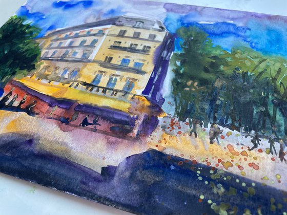 Paris Watercolor Painting, French Cafe Original Artwork, France Street Scene Picture, European Cityscape Art