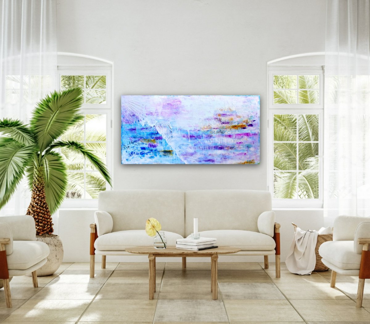 Abstract Painting By Elide Pizzini, 47 X 24, White Wave, Original Artwork