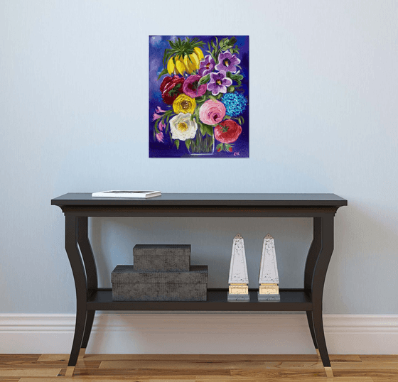 BOUQUET OF SUMMER FLOWERS   Fritillaria,  peonies, roses, hydrangea, mallow Still life Dutch style office home decor gift