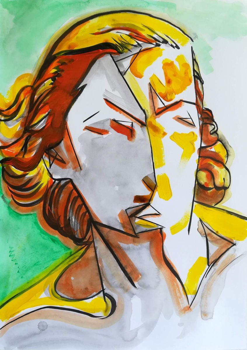 Geometric Portrait Painting By Aleksandar Basic, 12 X 17, Tamara S?empicka, Original Artwork