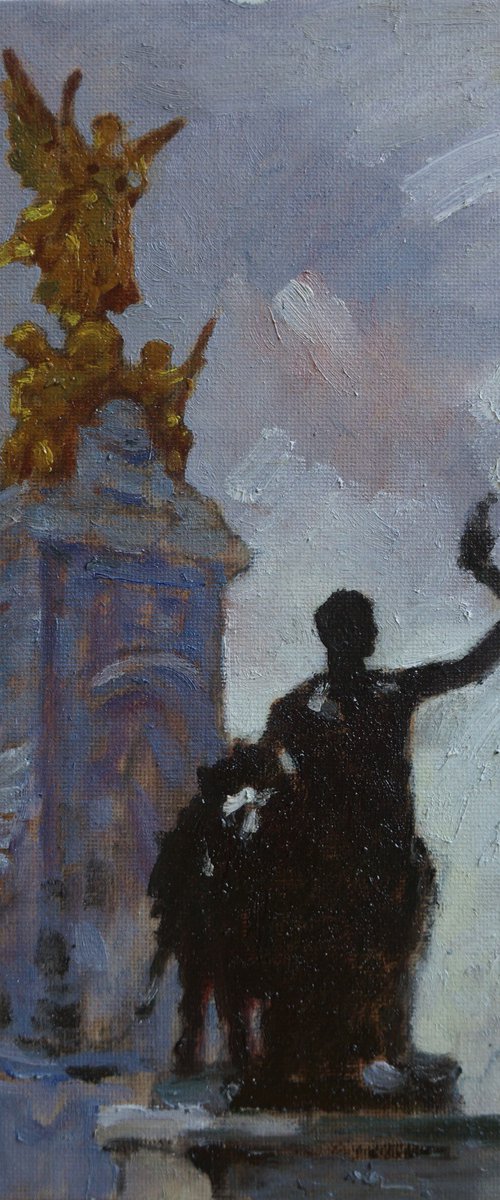 Original Oil Painting Wall Art Artwork Signed Hand Made Jixiang Dong Canvas 25cm × 30cm Sculptures in Front of Buckingham Palace small Impressionism by Jixiang Dong