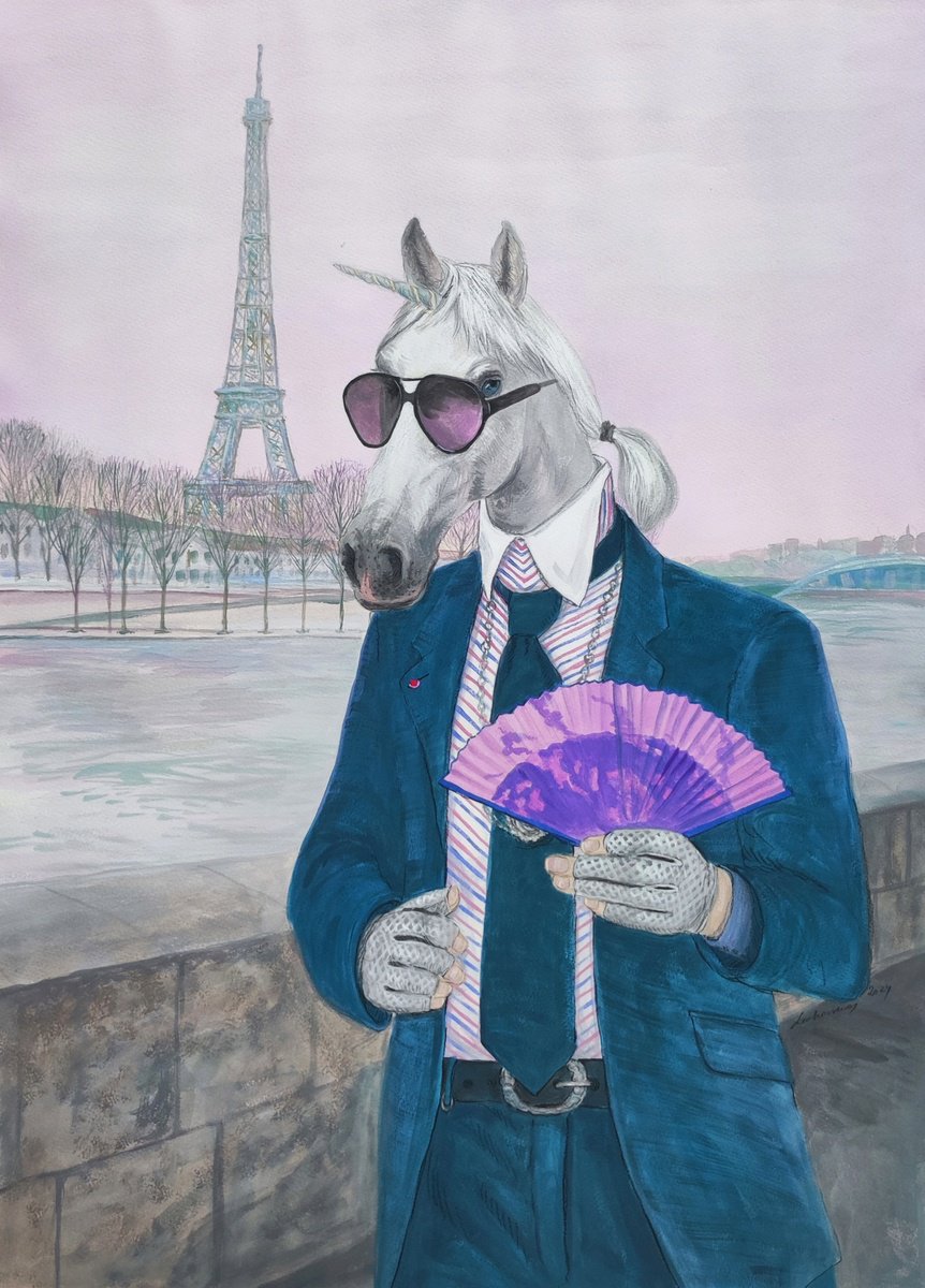 Surrealistic Animal Painting By Natalie Levkovska, 21 X 29", Parisian Promenade, Original Artwork