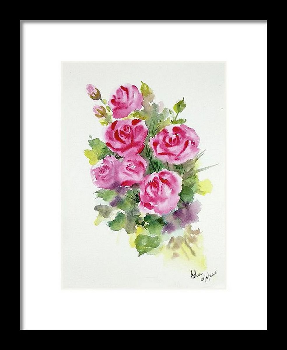 Pink Roses Watercolor Floral painting- 10.25x 14 by Asha Shenoy