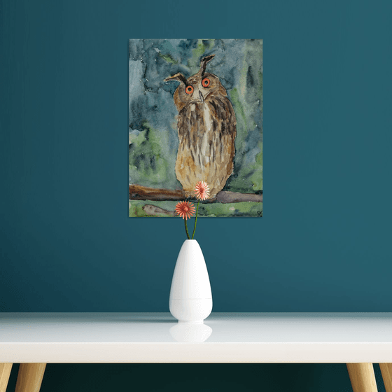 Owl watercolor painting, bird original artwork, nursery wall art