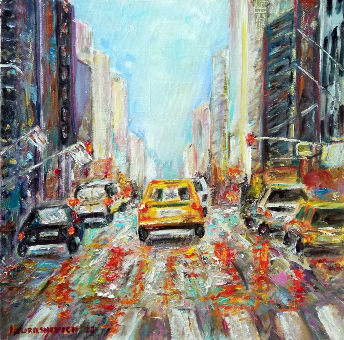 City Life | New York Urban Cityscape | Original Oil Artwork (2021) 12x12 in. (30x30 cm) by Katia Ricci