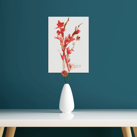 RED GLADIOLUS. RED FLOWERS. WATERCOLOR PAINTING