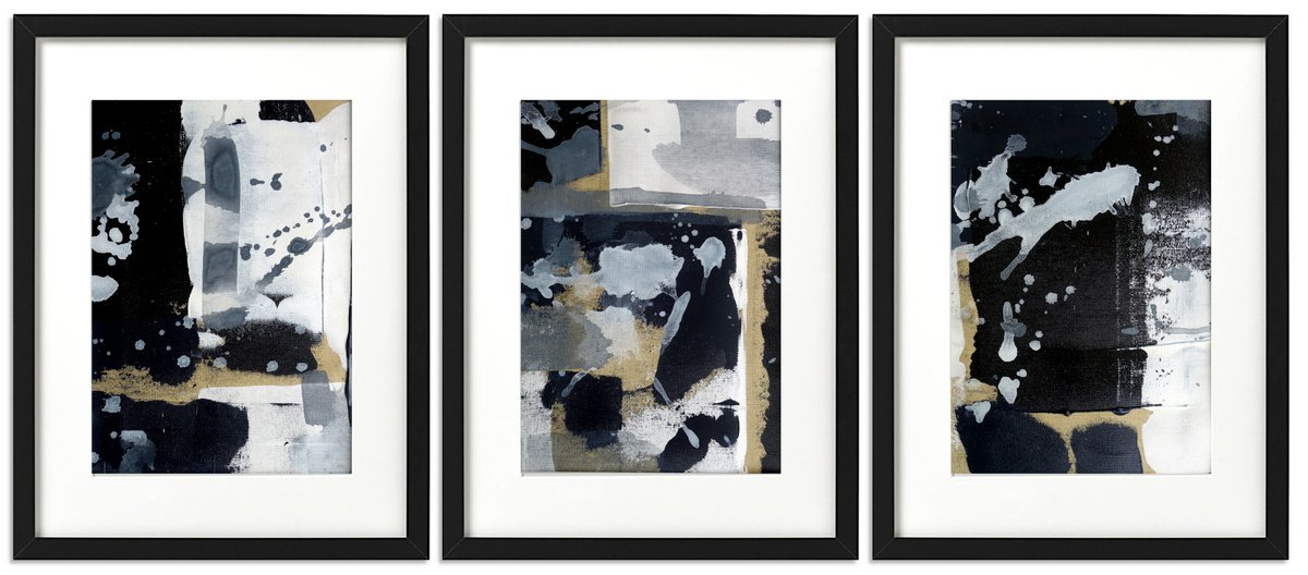 Abstraction No. 7520 5-7 black & white - set of 3 - ready to hang by Anita Kaufmann