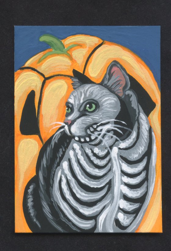 ACEO ATC Original Miniature Painting Halloween Skeleton Cat Pumpkin Art-Carla Smale